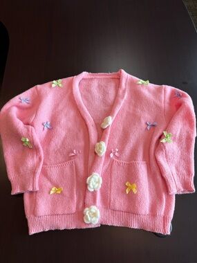 Women’s Pink Embroidered Knit Cardigan with Flower Buttons